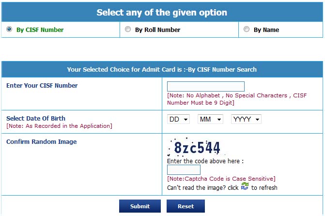 CISF Admit Card 2015