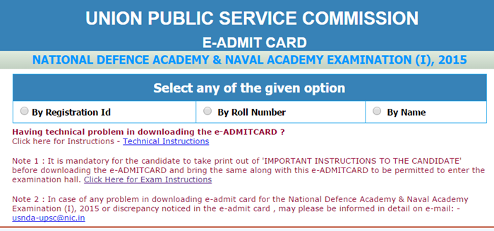 UPSC NDA NA 1 Exam Admit Card 2015 Option by