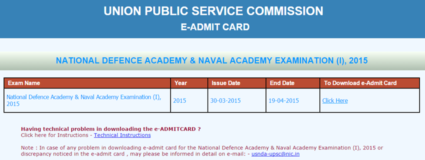 UPSC NDA NA 1 Exam Admit Card 2015