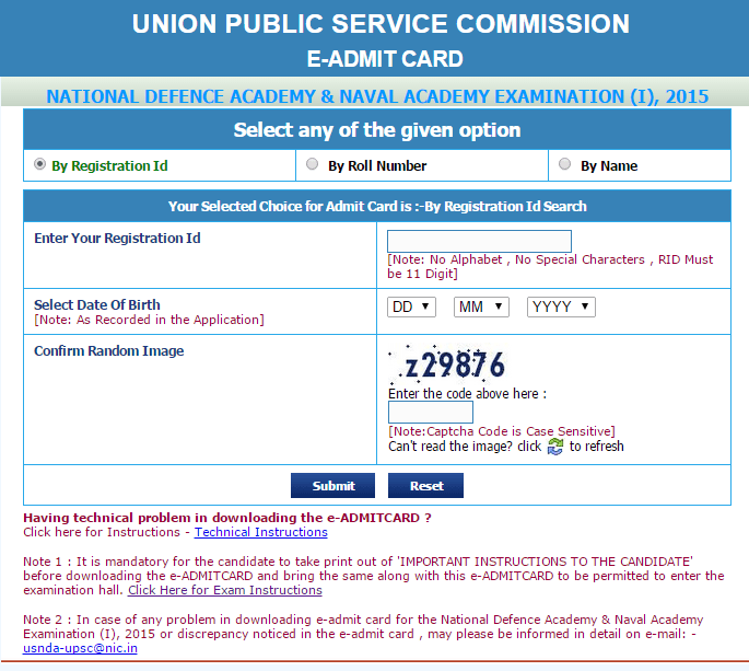 UPSC NDA NA Exam Admit Card