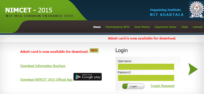 NIMCET NIT MCA Admit Card 2015