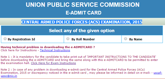 UPSC CAPF ACs Exam Hall Ticket 2015