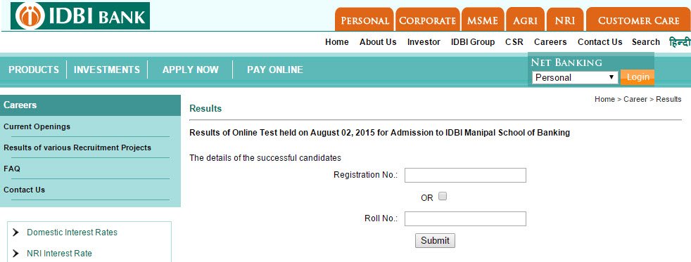 IDBI Bank Admissions Online Result 2015