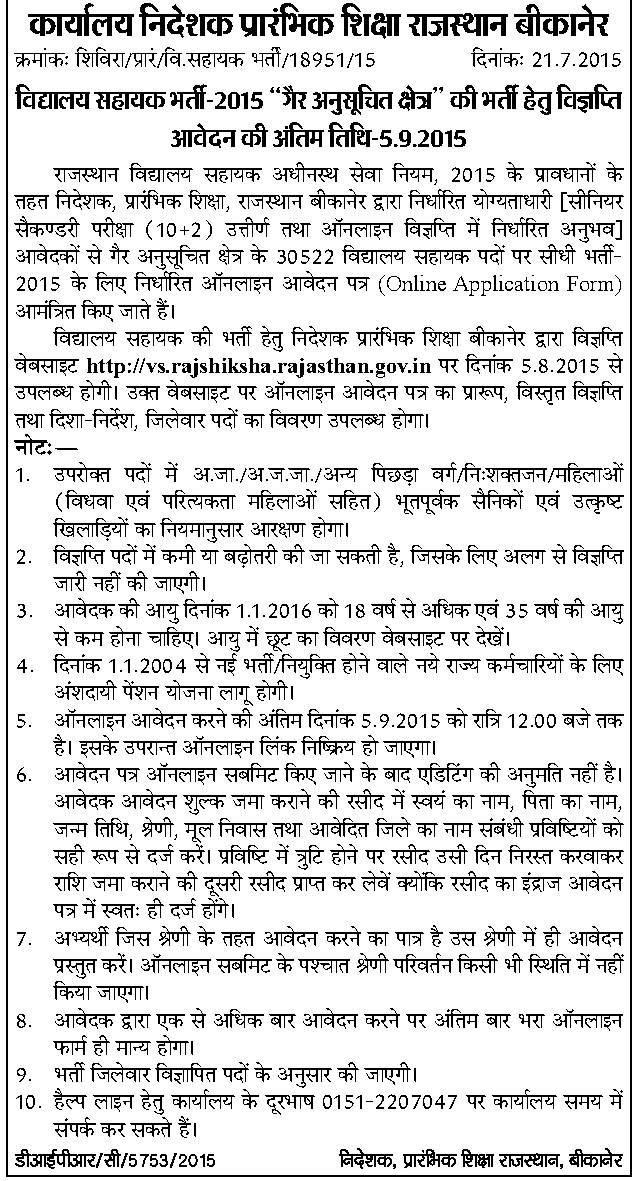 Vidyalaya Sahayak Bharti 2015