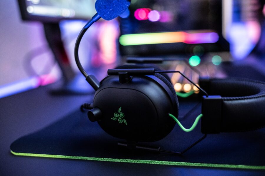 a close up of a gaming headset on a mouse pad