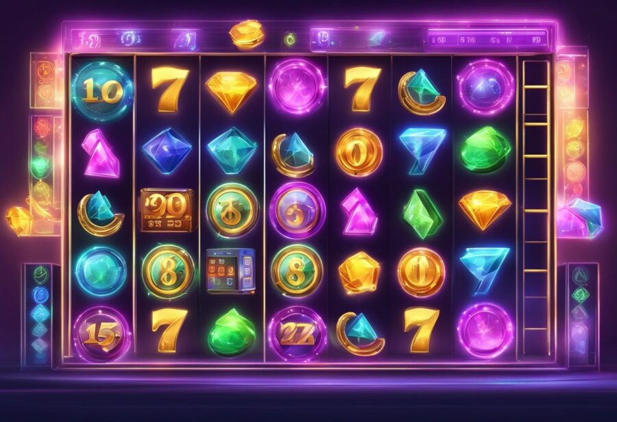 Colorful online slots spinning and flashing with various symbols and numbers, surrounded by a digital interface and glowing lights