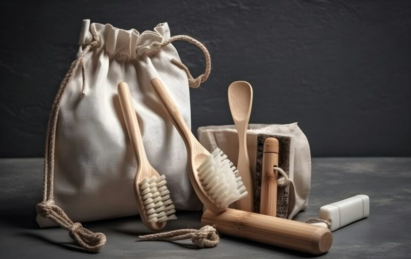 a bag with a brush, toothbrush, and lotion in it