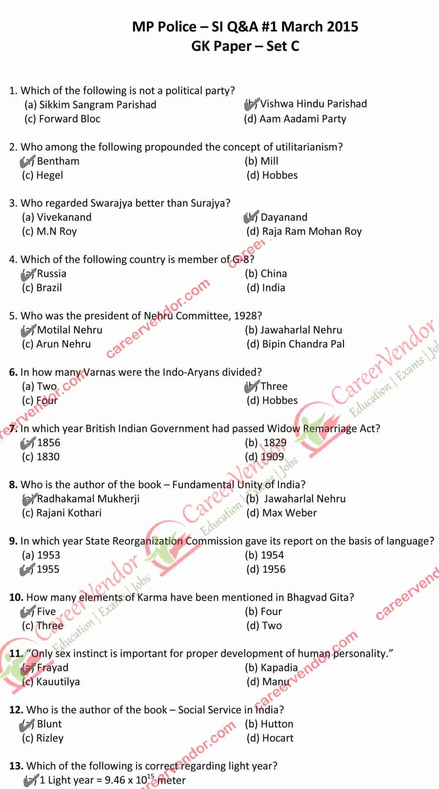 MP Police SI answer key 2015 - Page 1